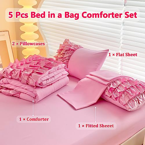 Tasselily Princess Ruffle Comforter Set Queen Szie, 5 Pcs Bed in a Bag Bling Shiny Sequin Ruffle Pink Bedding Set with Sheets for Girls/Woman