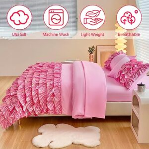 Tasselily Princess Ruffle Comforter Set Queen Szie, 5 Pcs Bed in a Bag Bling Shiny Sequin Ruffle Pink Bedding Set with Sheets for Girls/Woman