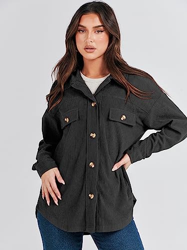 ANRABESS Women Casual Jackets Corduroy Shacket Fall Oversized Button Down Shirts Long Sleeve Casual Loose Cardigan Blouse Coat 1027heise-L