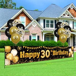 30th Birthday Decorations for Men Women Black and Gold, Black Gold Birthday Yard Banner Sign and 18 PCS 30th Happy Birthday Balloons for 30th Anniversary Birthday Party Supplies Outdoor Yard Decor