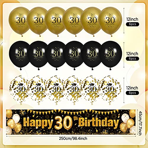 30th Birthday Decorations for Men Women Black and Gold, Black Gold Birthday Yard Banner Sign and 18 PCS 30th Happy Birthday Balloons for 30th Anniversary Birthday Party Supplies Outdoor Yard Decor
