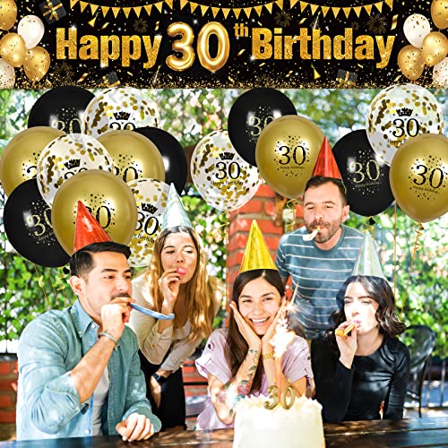 30th Birthday Decorations for Men Women Black and Gold, Black Gold Birthday Yard Banner Sign and 18 PCS 30th Happy Birthday Balloons for 30th Anniversary Birthday Party Supplies Outdoor Yard Decor