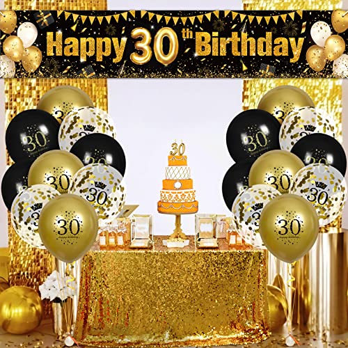 30th Birthday Decorations for Men Women Black and Gold, Black Gold Birthday Yard Banner Sign and 18 PCS 30th Happy Birthday Balloons for 30th Anniversary Birthday Party Supplies Outdoor Yard Decor