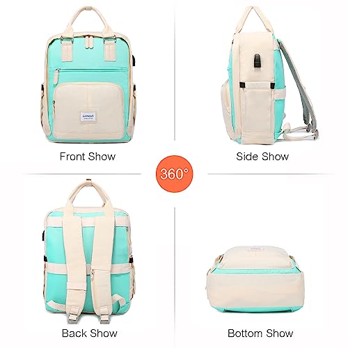 LOVEVOOK Laptop Backpacks for Women,Lightweight Cute Backpack with USB Charging Port Aesthetic Casual Travel Backpack 15.6 Inch,White&Green