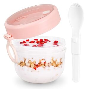 bewave overnight oats containers, 20oz overnight oats jars with lid and spoon, portable plastic oatmeal mason jar for yogurt cereal milk vegetable fruit salad storage, pink