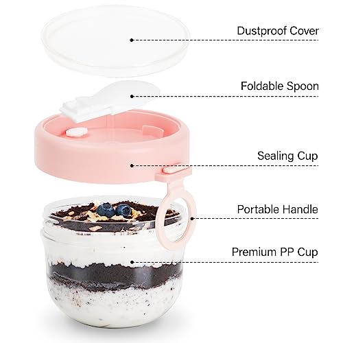 BEWAVE Overnight Oats Containers, 20oz Overnight Oats Jars with Lid and Spoon, Portable Plastic Oatmeal Mason Jar for Yogurt Cereal Milk Vegetable Fruit Salad Storage, Pink