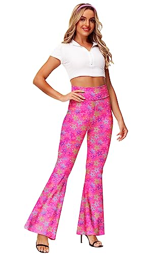 Flare Pants for Women 70s 80s Bar-bie Costume Bell Bottom Pink Disco Hippie Pants S