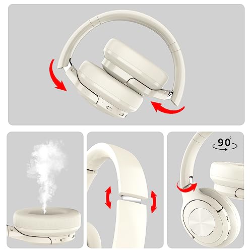 Bingozones B7 Pro Bluetooth Headphones Wireless Over Ear 65 Hours Playtime Foldable Deep Bass HiFi Stereo Headsets with Mic Lightweight Memory Foam Soft Earmuff, for Phone,TV,Travel Beige