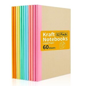 sunee 12 pack kraft notebook journals, composition notebooks bulk, 5.75"x 8.25", 60 sheet per book with rainbow spine, a5 lined page, 6 color, pastel notebooks for school, home&office,writing journal