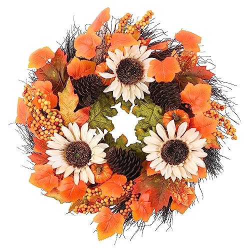 Fall Wreath for Front Door - 20" Autumn Maples Leaf Pumpkin Sunflower Wreath - Thanksgiving Halloween Harvest Home Outdoor Indoor Window Wall Fall Decorations