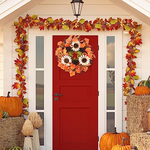 Fall Wreath for Front Door - 20" Autumn Maples Leaf Pumpkin Sunflower Wreath - Thanksgiving Halloween Harvest Home Outdoor Indoor Window Wall Fall Decorations