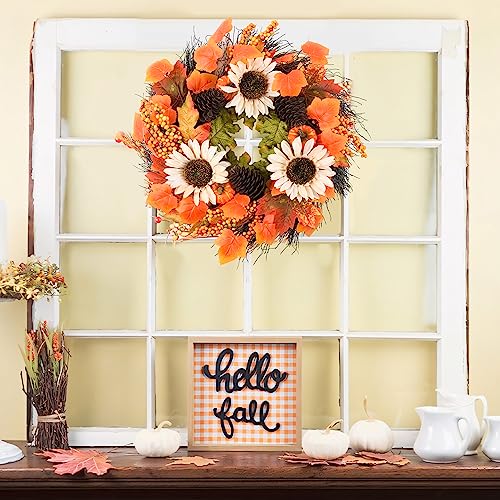 Fall Wreath for Front Door - 20" Autumn Maples Leaf Pumpkin Sunflower Wreath - Thanksgiving Halloween Harvest Home Outdoor Indoor Window Wall Fall Decorations