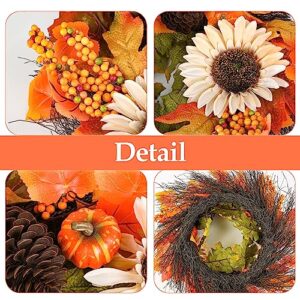 Fall Wreath for Front Door - 20" Autumn Maples Leaf Pumpkin Sunflower Wreath - Thanksgiving Halloween Harvest Home Outdoor Indoor Window Wall Fall Decorations