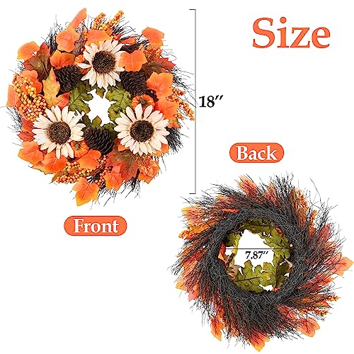 Fall Wreath for Front Door - 20" Autumn Maples Leaf Pumpkin Sunflower Wreath - Thanksgiving Halloween Harvest Home Outdoor Indoor Window Wall Fall Decorations