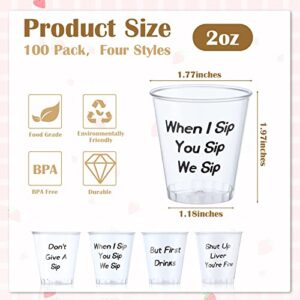 Tanlade 100 Pcs Clear Plastic Shot Glasses 2 oz Disposable Mini Plastic Cups Food Sample Communion Cup Small Containers for Sauce Dessert Wine Sample Tasting Birthday Wedding Party, 4 Styles (Naughty)