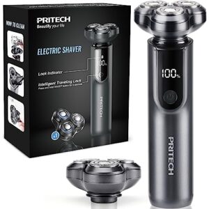 electric shavers razor for men,extra 1 x spare blade, pritech electric razor for shaving face, mens rotary shaver rechargeable razor for men, waterproof wet & dry led display cordless rotary shave