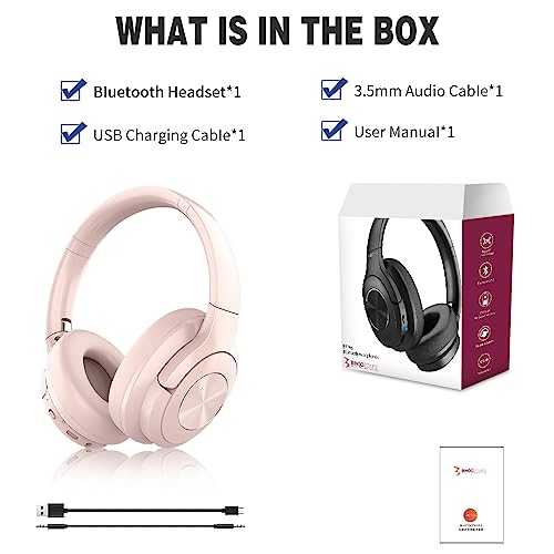 Wireless Bluetooth Headphones Over Ear 65 Hours Playtime Foldable Deep Bass HIFI Stereo Wireless On Ear Headsets with Microphone Noise Isolating, Lightweight Soft Earmuff, For Phone,TV,Travel Pink