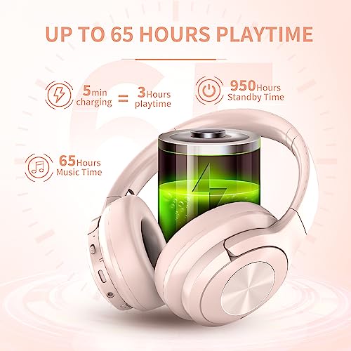 Wireless Bluetooth Headphones Over Ear 65 Hours Playtime Foldable Deep Bass HIFI Stereo Wireless On Ear Headsets with Microphone Noise Isolating, Lightweight Soft Earmuff, For Phone,TV,Travel Pink