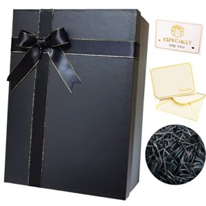 mygogoart large black gift box 11.2x8.2x4.2 inches with lid, ribbon bow, shredded raffia paper fill, greeting card and envelope for wedding birthday valentines bridal gifts (1 pack, black)