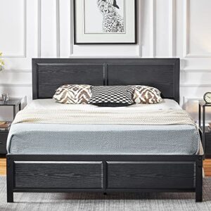 vecelo queen size platform bed frame with black wood headboard, mattress foundation, strong metal slats support, no box spring needed