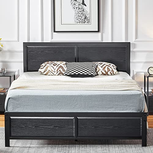 VECELO Queen Size Platform Bed Frame with Black Wood Headboard, Mattress Foundation, Strong Metal Slats Support, No Box Spring Needed