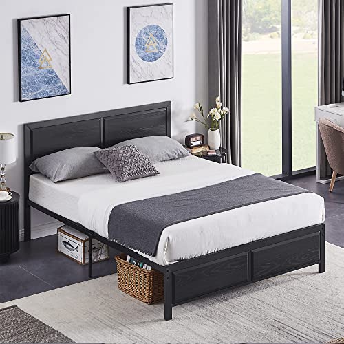 VECELO Queen Size Platform Bed Frame with Black Wood Headboard, Mattress Foundation, Strong Metal Slats Support, No Box Spring Needed