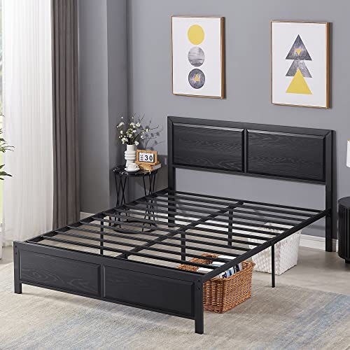 VECELO Queen Size Platform Bed Frame with Black Wood Headboard, Mattress Foundation, Strong Metal Slats Support, No Box Spring Needed