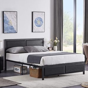 VECELO Queen Size Platform Bed Frame with Black Wood Headboard, Mattress Foundation, Strong Metal Slats Support, No Box Spring Needed