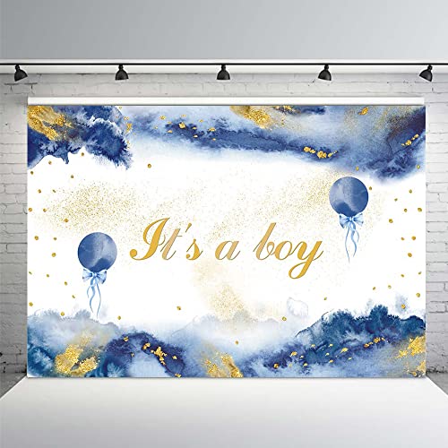 MEHOFOND 7x5ft Royal Blue Watercolor Baby Shower Backdrop for Boys Oh Baby Blue Watercolor Clouds Gold Glitter Baby Shower Photography Background It's A Boy Party Banner Photoshoot Props