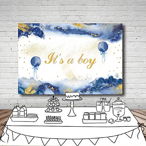 MEHOFOND 7x5ft Royal Blue Watercolor Baby Shower Backdrop for Boys Oh Baby Blue Watercolor Clouds Gold Glitter Baby Shower Photography Background It's A Boy Party Banner Photoshoot Props