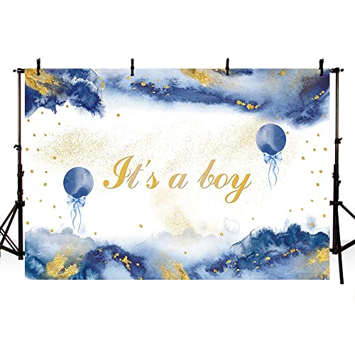 MEHOFOND 7x5ft Royal Blue Watercolor Baby Shower Backdrop for Boys Oh Baby Blue Watercolor Clouds Gold Glitter Baby Shower Photography Background It's A Boy Party Banner Photoshoot Props