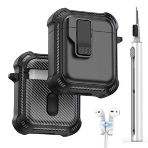polislime airpods case cover with cleaner kit & magnetic anti-lost straps,secure lock clip with carbon fiber protection design case shell for apple airpod case 2nd &1st generation -【5 in 1】 black