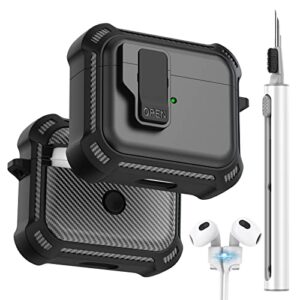 polislime airpods 3rd generation case with cleaner kit & magnetic anti-lost straps,secure lock clip with carbon fiber protection design case shell for apple airpod 3 generation case -【5 in 1】 black