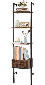 tajsoon ladder shelf, tall bookcase with storage drawers, 4-tier wood wall mounted bookshelf, open display rack, storage shelves for bedroom, home office, collection, plant flower, rustic brown