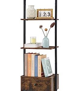 Tajsoon Ladder Shelf, Tall Bookcase with Storage Drawers, 4-Tier Wood Wall Mounted Bookshelf, Open Display Rack, Storage Shelves for Bedroom, Home Office, Collection, Plant Flower, Rustic Brown