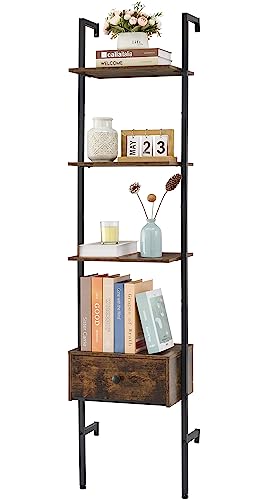 Tajsoon Ladder Shelf, Tall Bookcase with Storage Drawers, 4-Tier Wood Wall Mounted Bookshelf, Open Display Rack, Storage Shelves for Bedroom, Home Office, Collection, Plant Flower, Rustic Brown