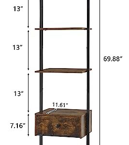 Tajsoon Ladder Shelf, Tall Bookcase with Storage Drawers, 4-Tier Wood Wall Mounted Bookshelf, Open Display Rack, Storage Shelves for Bedroom, Home Office, Collection, Plant Flower, Rustic Brown