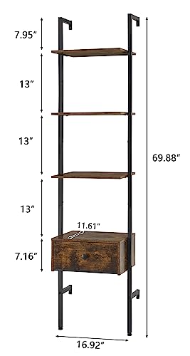 Tajsoon Ladder Shelf, Tall Bookcase with Storage Drawers, 4-Tier Wood Wall Mounted Bookshelf, Open Display Rack, Storage Shelves for Bedroom, Home Office, Collection, Plant Flower, Rustic Brown