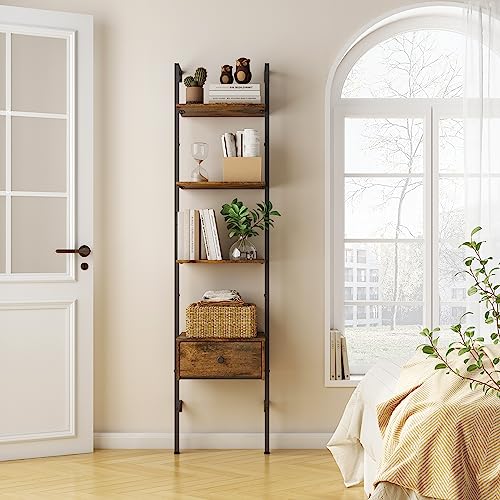 Tajsoon Ladder Shelf, Tall Bookcase with Storage Drawers, 4-Tier Wood Wall Mounted Bookshelf, Open Display Rack, Storage Shelves for Bedroom, Home Office, Collection, Plant Flower, Rustic Brown