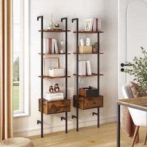 Tajsoon Ladder Shelf, Tall Bookcase with Storage Drawers, 4-Tier Wood Wall Mounted Bookshelf, Open Display Rack, Storage Shelves for Bedroom, Home Office, Collection, Plant Flower, Rustic Brown