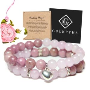 healing bracelets for women - rose quartz & rhodonite bracelet - healing prayers crystal bracelet, 8mm natural stone anti anxiety stress relief yoga beads get well soon gifts