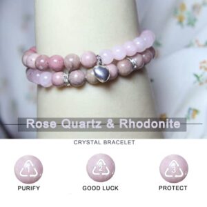 Healing Bracelets for Women - Rose Quartz & Rhodonite Bracelet - Healing Prayers Crystal Bracelet, 8mm Natural Stone Anti Anxiety Stress Relief Yoga Beads Get Well Soon Gifts