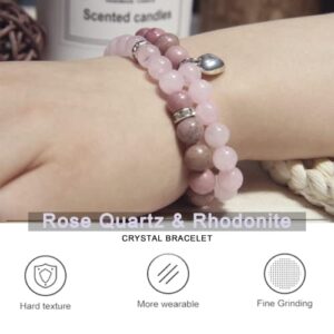 Healing Bracelets for Women - Rose Quartz & Rhodonite Bracelet - Healing Prayers Crystal Bracelet, 8mm Natural Stone Anti Anxiety Stress Relief Yoga Beads Get Well Soon Gifts