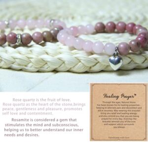 Healing Bracelets for Women - Rose Quartz & Rhodonite Bracelet - Healing Prayers Crystal Bracelet, 8mm Natural Stone Anti Anxiety Stress Relief Yoga Beads Get Well Soon Gifts