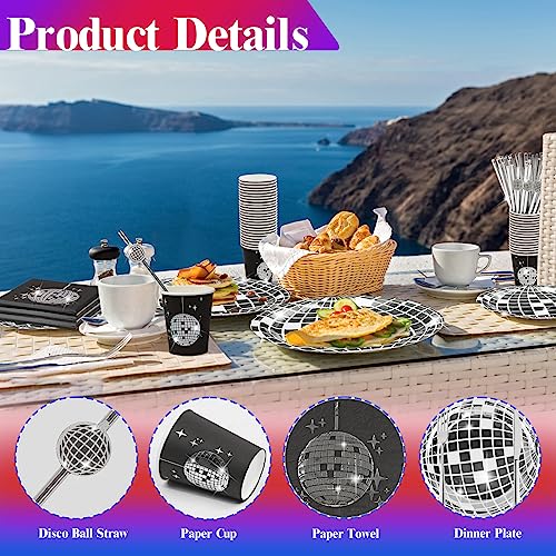 70s Disco Party Supplies Includes 50 Pcs Silver Disco Ball Paper Dinner Plates 50 Pcs Disco Party Cocktail Napkins 50 Pcs Disco Paper Cups 50 Pcs Straws Set for Disco Wedding Birthday Party Picnic