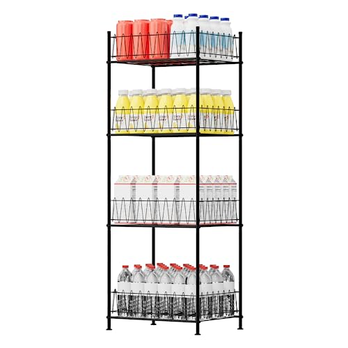 smusei Water Bottle Organizer Rack 4 Tier Free Standing Bottled Water Storage Organizer for Floor, Metal Beverage Soda Can Dispenser Shelf Holder Stand for Kitchen Pantry Office, Black