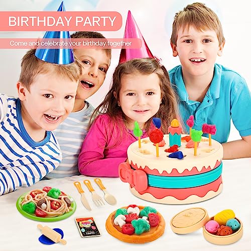 Color Dough Toys,Dough Accessories Set Kitchen Creations Kit Birthday Cake Playset Dough Tools with Molds,Plates,Steamer,Pretend Birthday Party for Boys Girls Kids Ages 2-8 Holiday Gift,23 Pieces