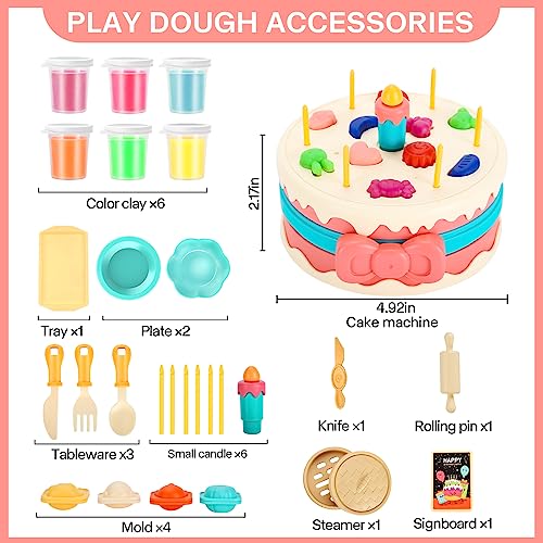 Color Dough Toys,Dough Accessories Set Kitchen Creations Kit Birthday Cake Playset Dough Tools with Molds,Plates,Steamer,Pretend Birthday Party for Boys Girls Kids Ages 2-8 Holiday Gift,23 Pieces