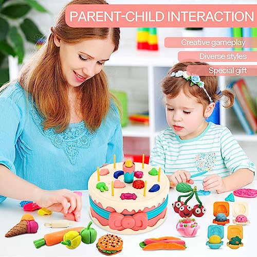 Color Dough Toys,Dough Accessories Set Kitchen Creations Kit Birthday Cake Playset Dough Tools with Molds,Plates,Steamer,Pretend Birthday Party for Boys Girls Kids Ages 2-8 Holiday Gift,23 Pieces