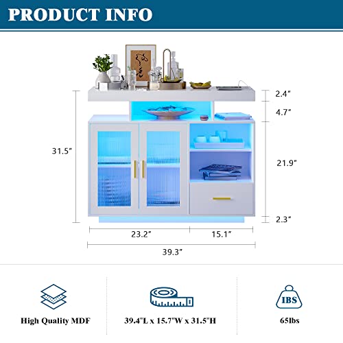 WOOVIVS 39.4" Modern LED Sideboard Buffet Cabinet with Charging Station, High Glossy Cupboard with Body Sensor Light, Coffee Bar Cabinet with Acrylic Panel for Living Room, Kitchen (White)